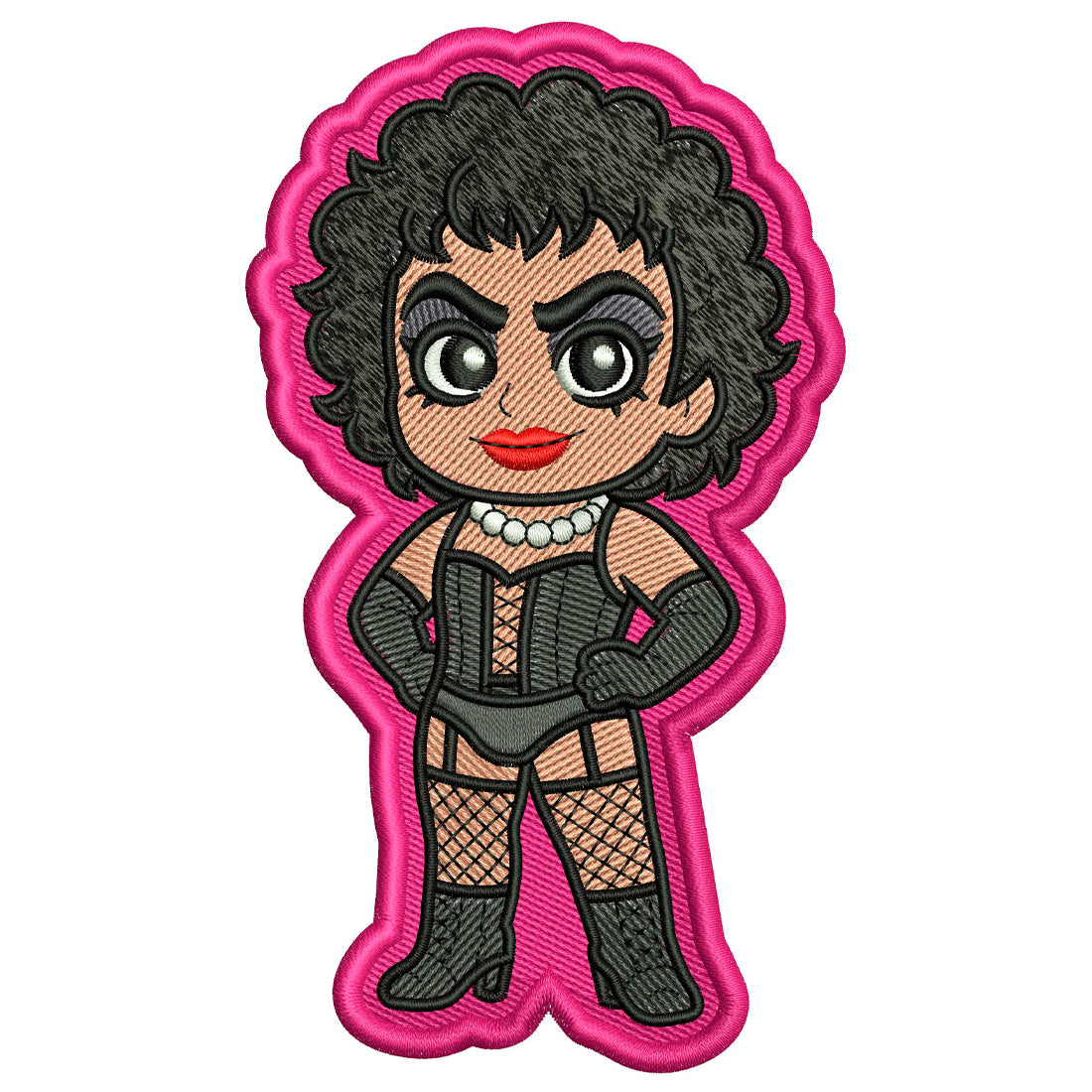 Glam rock stockings patch embroidery design, cabaret-style figure in fishnet stockings and wig