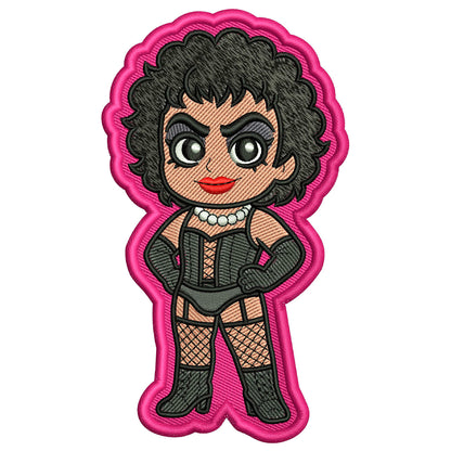 Glam rock stockings patch embroidery design, cabaret-style figure in fishnet stockings and wig