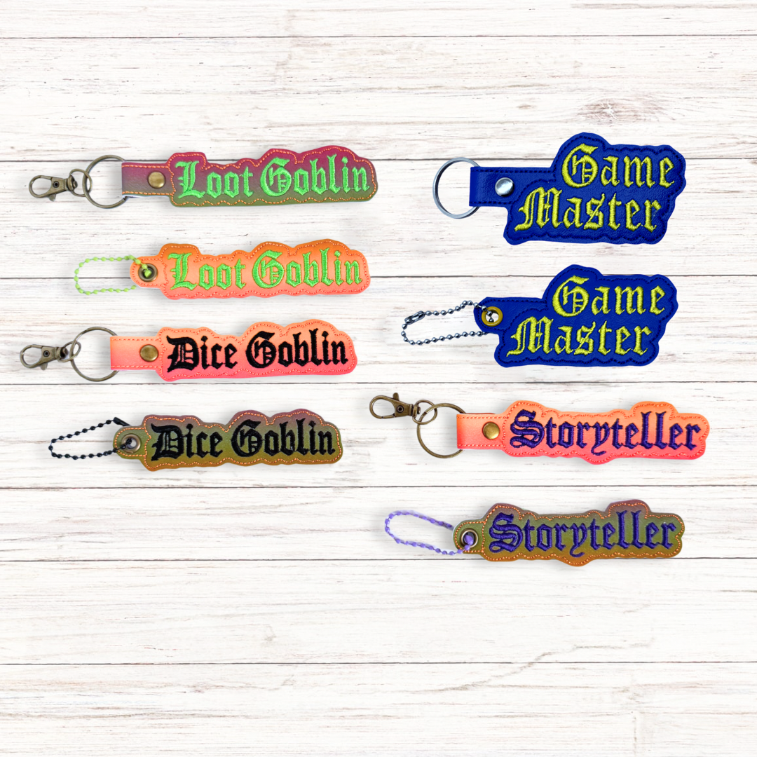 Classes 4th eyelet fob and snap tab bundle embroidery design - Dice Goblin, Game Master, Loot Goblin, Storyteller