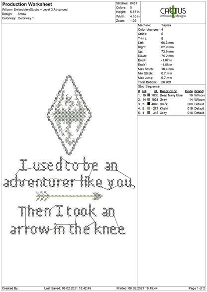 Arrow in the Knee Embroidery Design