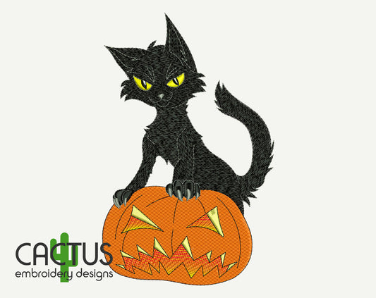 Black Cat on Pumpkin Embroidery Design