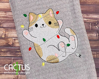 Cat Tangled Christmas Lights Embroidery Design