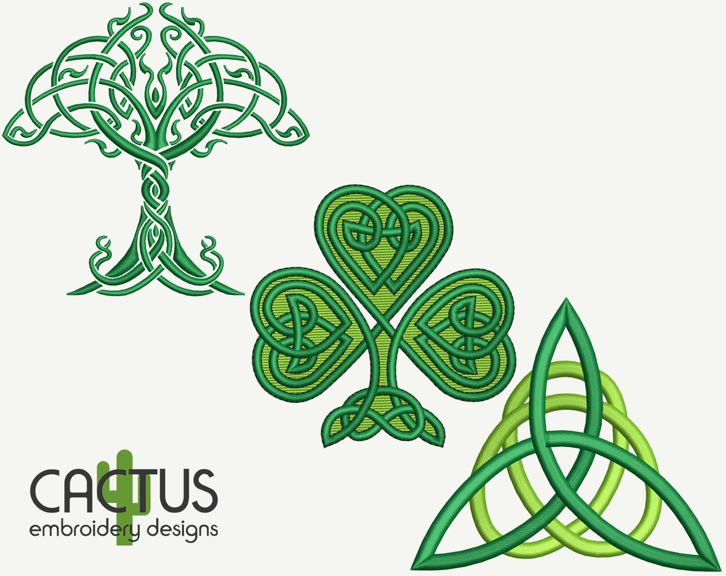 Celtic Set of 3 Green Shamrock, Triquetra & Tree Embroidery Designs