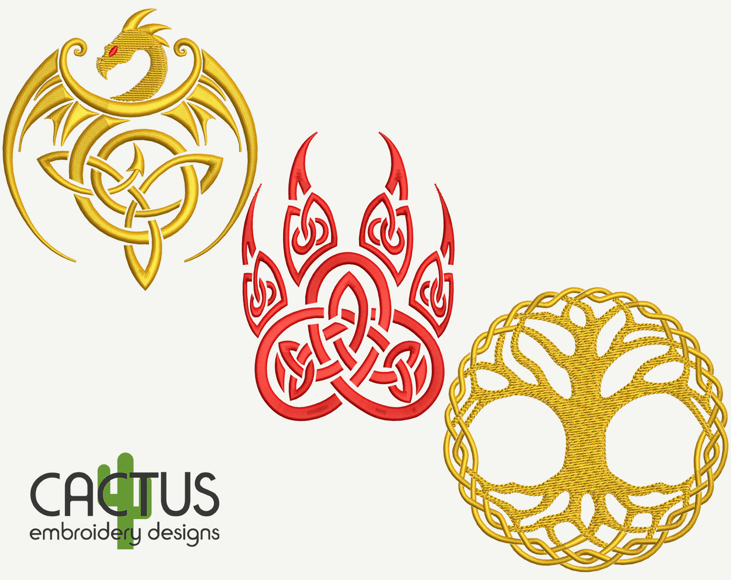 Celtic Set of 3 Golden Dragon, Wolf Paw & Sacred Tree Embroidery Designs