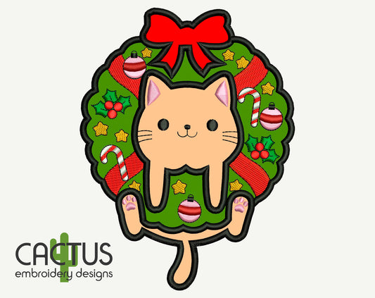 Christmas Cat Wreath Applique Embroidery Design