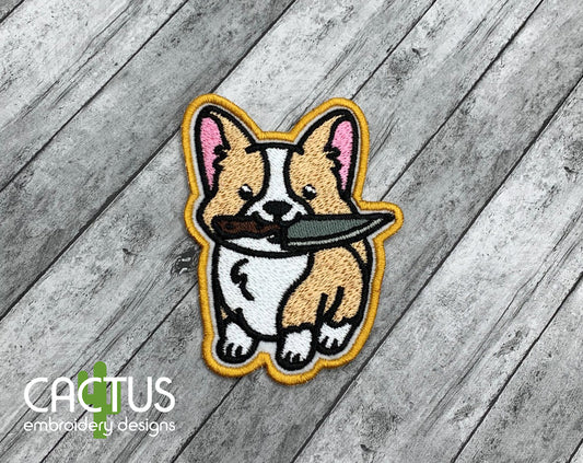 Corgi with a Knife Patch Embroidery Design