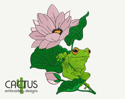 Frog Lotus Embroidery Design