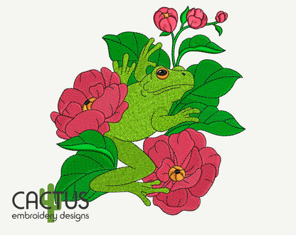 Frog Peonies Embroidery Design