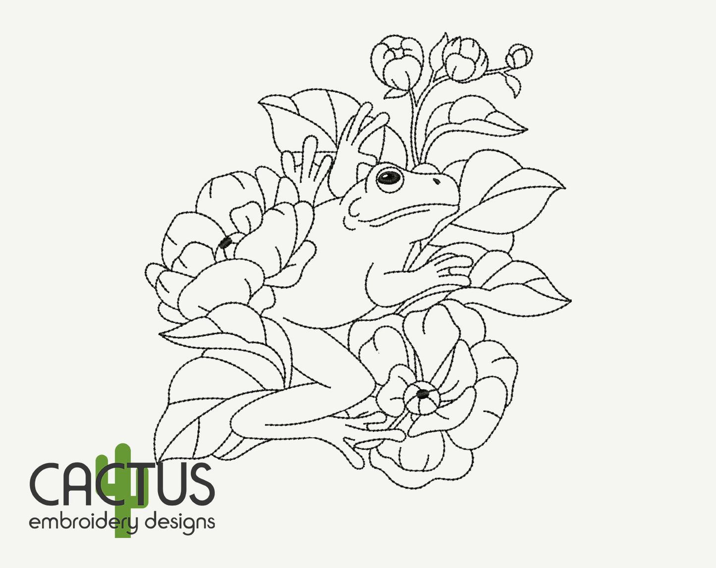 Frog Peonies Embroidery Design