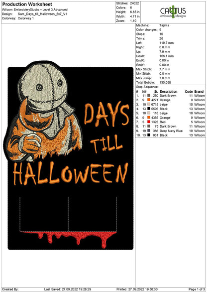 Sam Days till Halloween Countdown Embroidery Design