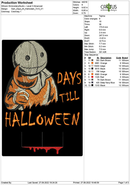 Sam Days till Halloween Countdown Embroidery Design