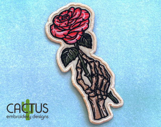Skeleton Hand with Rose Patch Embroidery Design