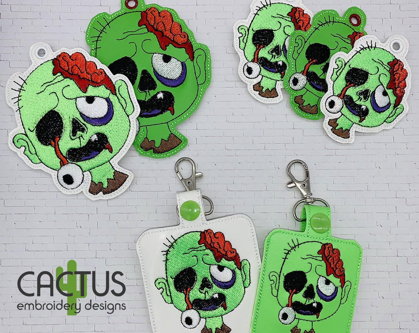 Zombie Set of Embroidery Design, Sanitizer Holder, Bookmark, Eyelet Fob, Feltie & Snap Tab